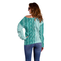 Vintage Teal Hawaiian Traditional Kapa Mix Flowers Lei Off Shoulder Sweater LT7 - Polynesian Pride