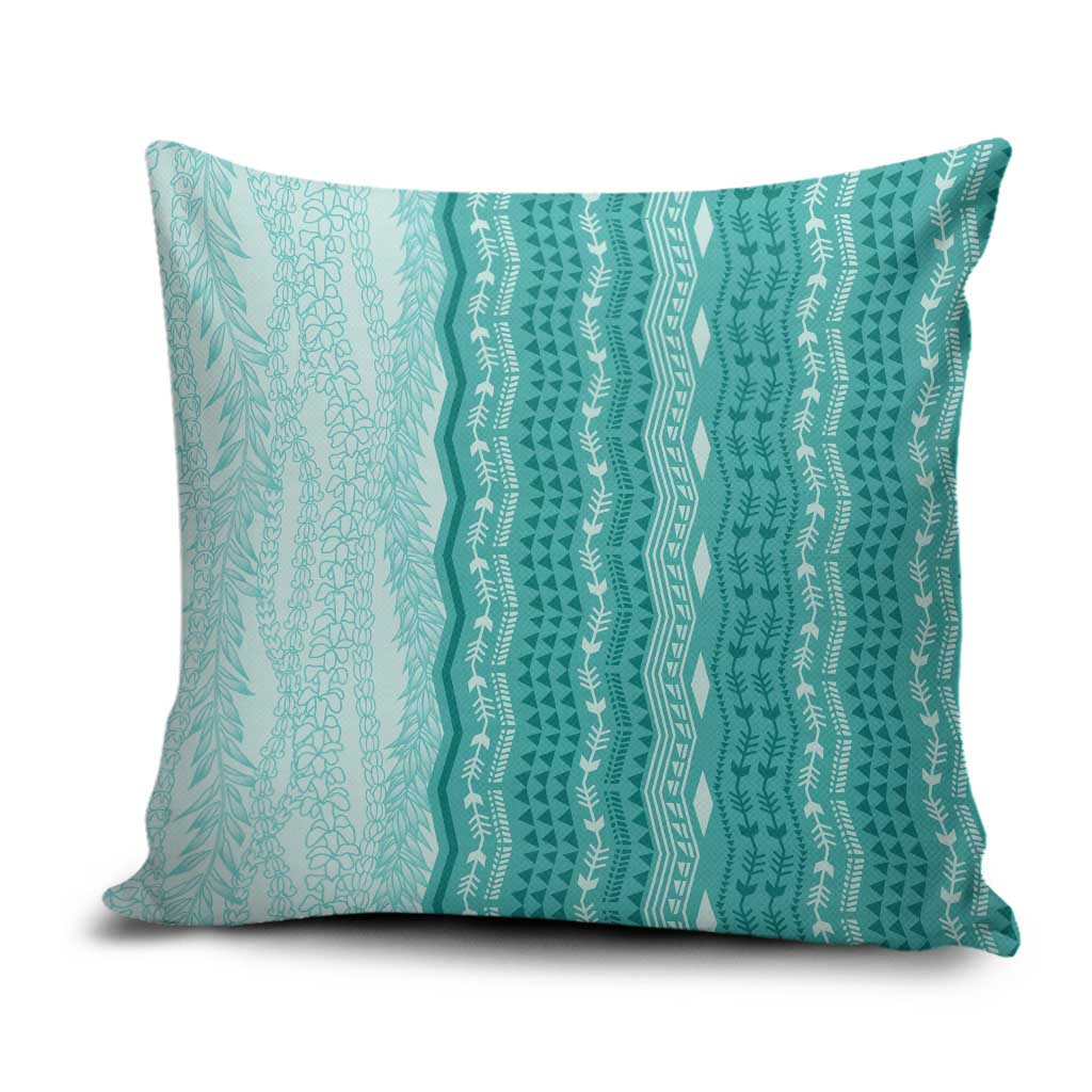Vintage Teal Hawaiian Traditional Kapa Mix Flowers Lei Pillow Cover