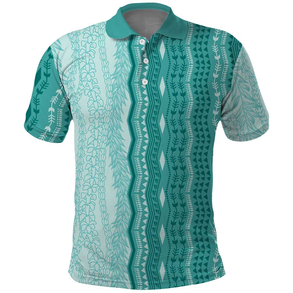 Vintage Teal Hawaiian Traditional Kapa Mix Flowers Lei Polo Shirt
