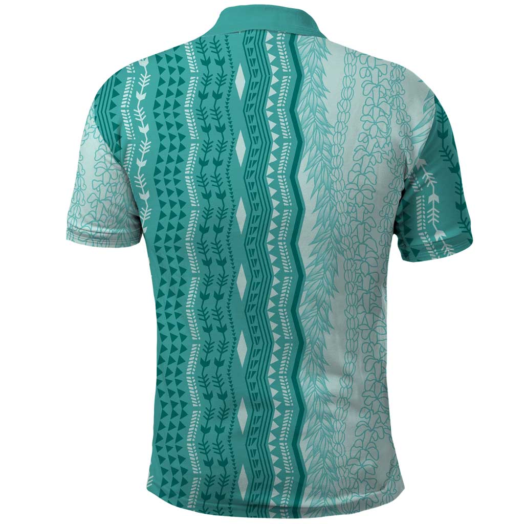Vintage Teal Hawaiian Traditional Kapa Mix Flowers Lei Polo Shirt