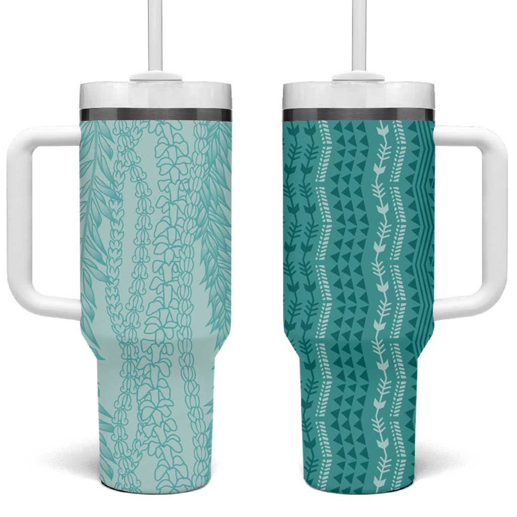 Vintage Teal Hawaiian Traditional Kapa Mix Flowers Lei Tumbler With Handle
