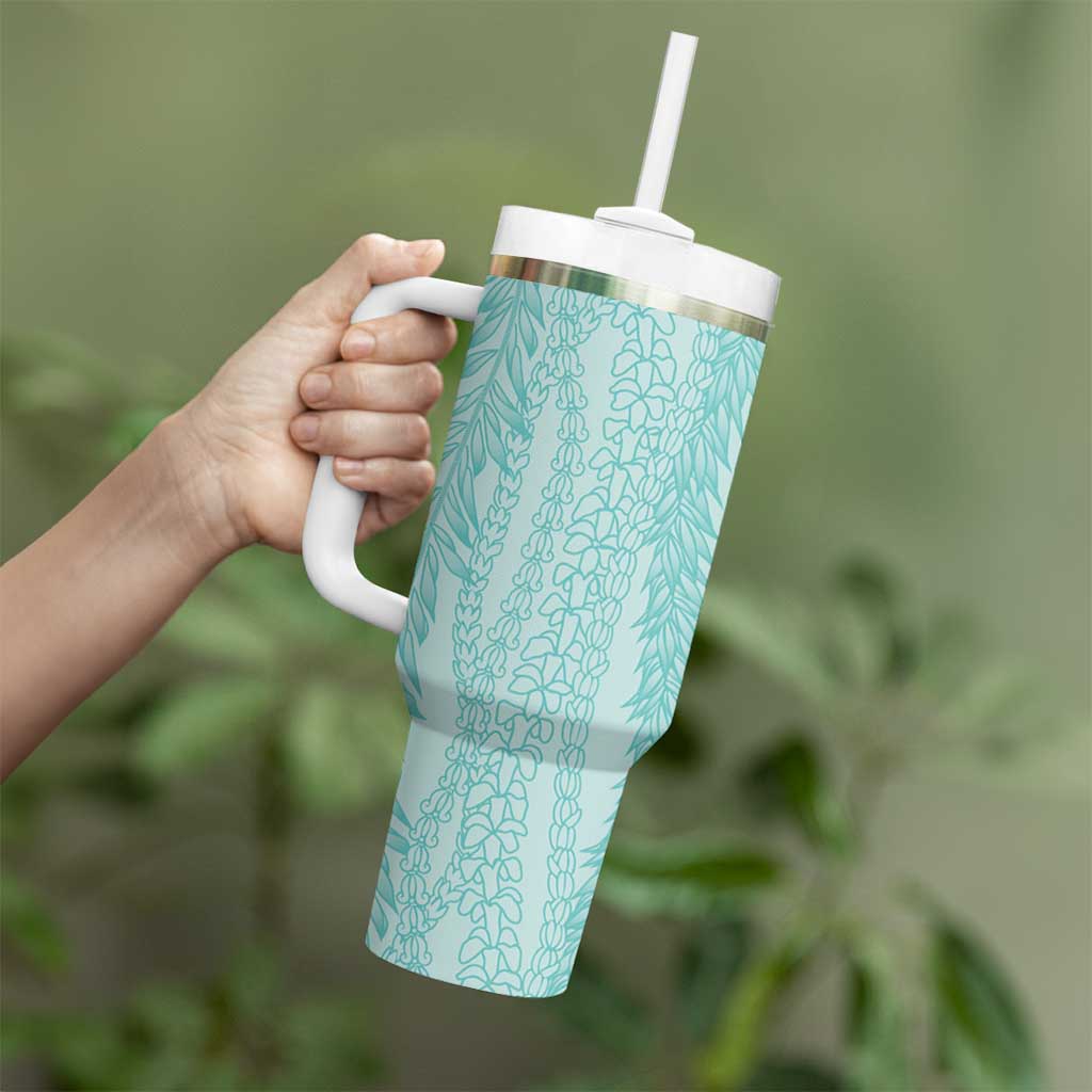 Vintage Teal Hawaiian Traditional Kapa Mix Flowers Lei Tumbler With Handle LT7 - Polynesian Pride