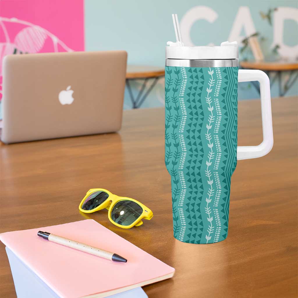 Vintage Teal Hawaiian Traditional Kapa Mix Flowers Lei Tumbler With Handle LT7 - Polynesian Pride