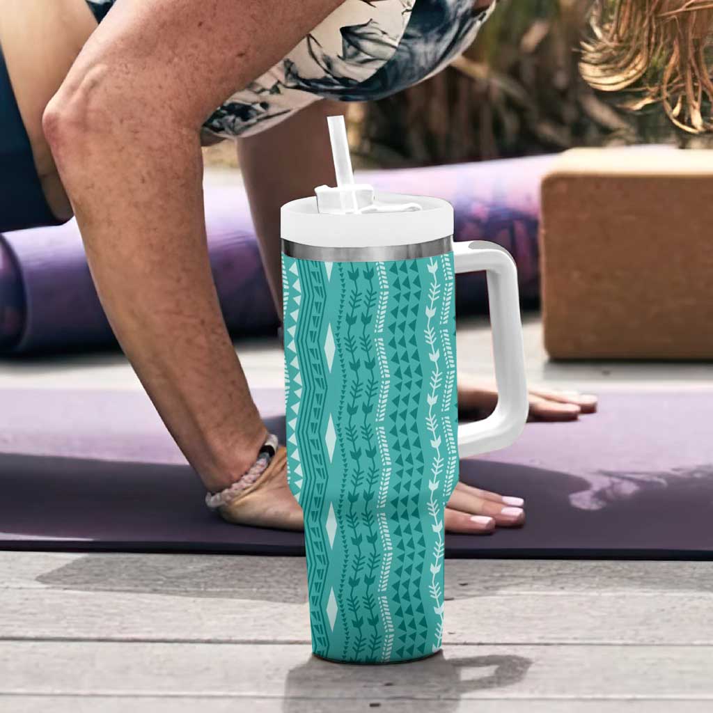 Vintage Teal Hawaiian Traditional Kapa Mix Flowers Lei Tumbler With Handle LT7 - Polynesian Pride
