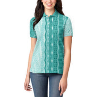 Vintage Teal Hawaiian Traditional Kapa Mix Flowers Lei Women Polo Shirt