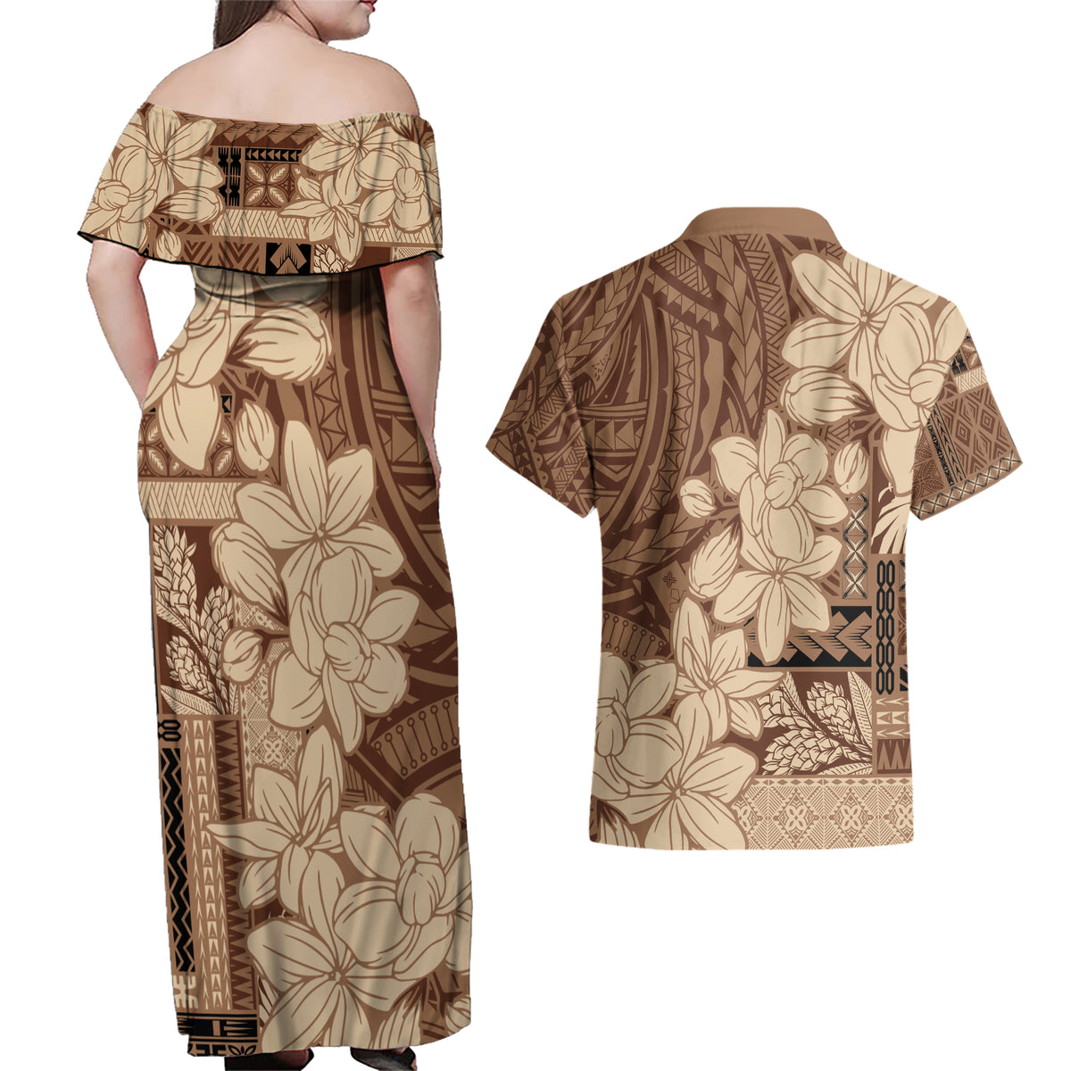 Samoa Women's Day Couples Matching Off Shoulder Maxi Dress and Hawaiian Shirt Tiale Flower Mix Siapo Tapa LT7 - Polynesian Pride