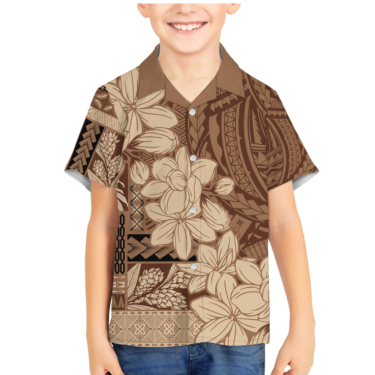 Samoa Women's Day Family Matching Mermaid Dress and Hawaiian Shirt Tiale Flower Mix Siapo Tapa LT7 Son's Shirt Beige - Polynesian Pride