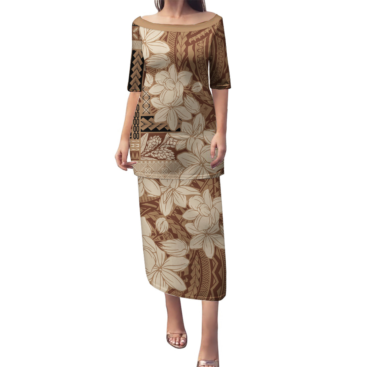 Samoa Women's Day Family Matching Puletasi and Hawaiian Shirt Tiale Flower Mix Siapo Tapa LT7 Mom's Dress Beige - Polynesian Pride
