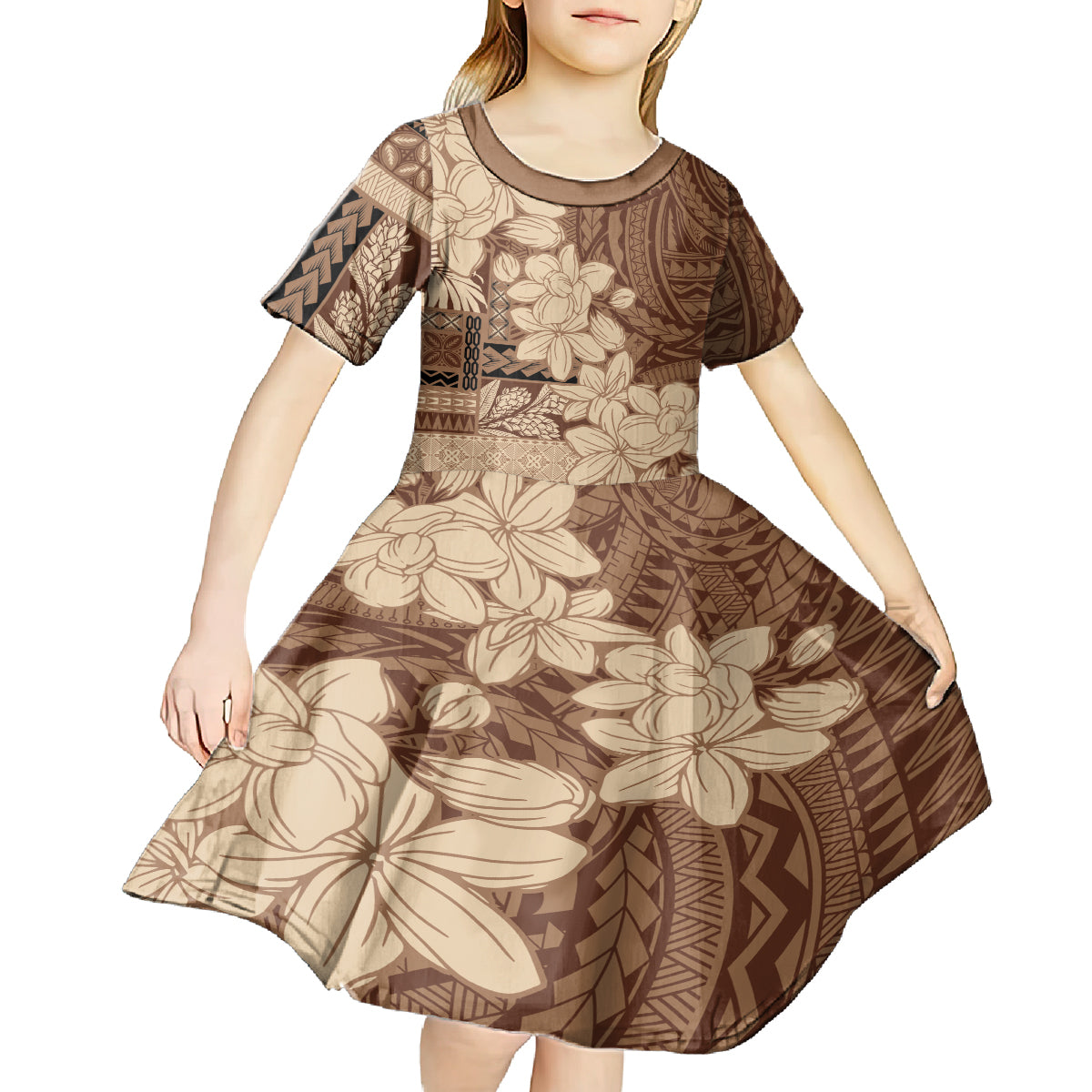 Samoa Women's Day Kid Short Sleeve Dress Tiale Flower Mix Siapo Tapa LT7 - Polynesian Pride