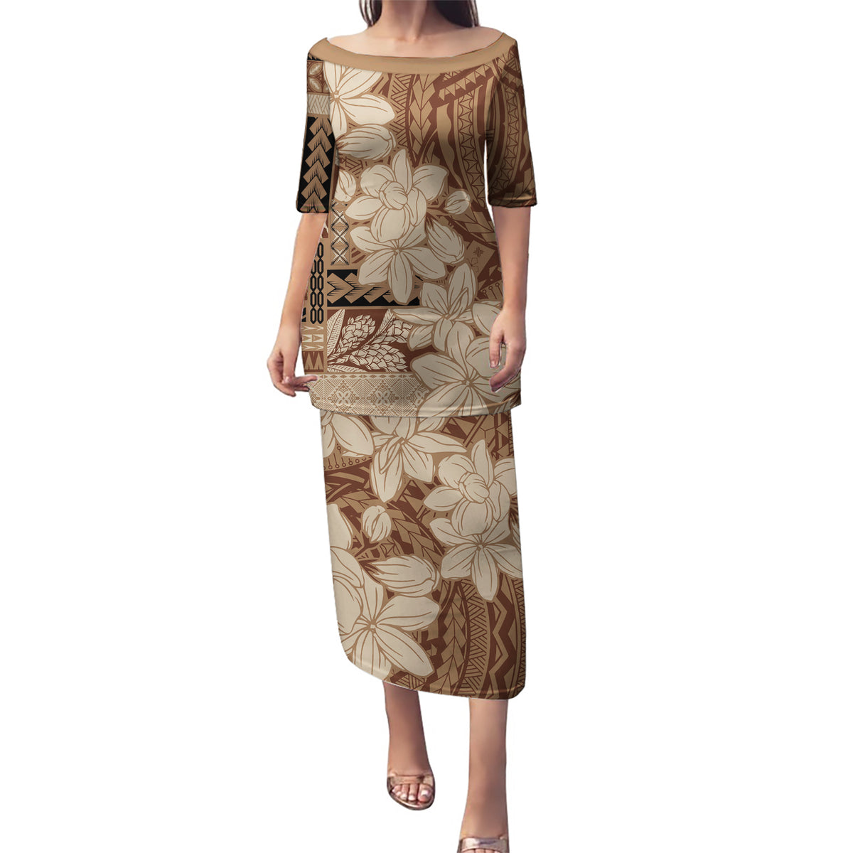 Samoa Women's Day Puletasi Tiale Flower Mix Siapo Tapa LT7 Long Dress Beige - Polynesian Pride