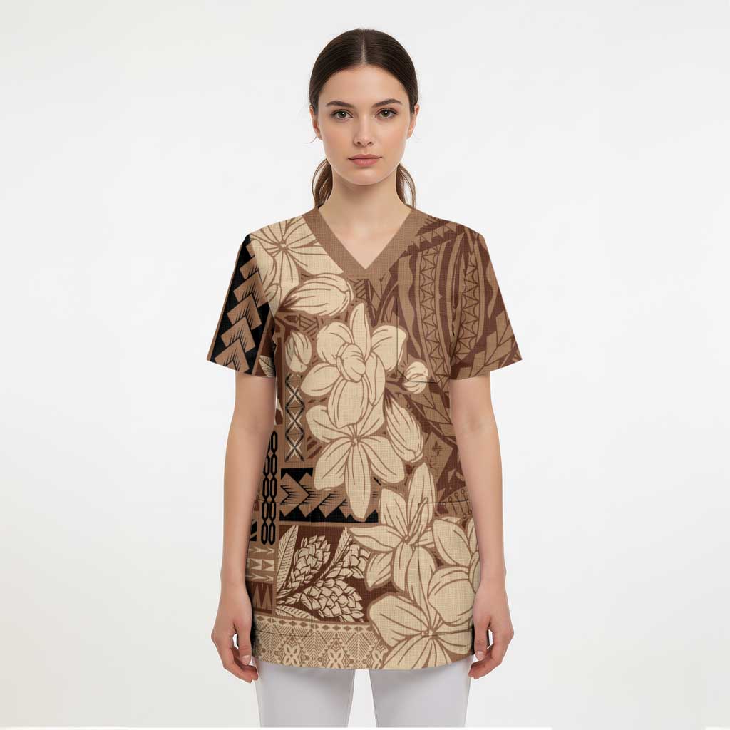 Samoa Women's Day Scrub Top Tiale Flower Mix Siapo Tapa - Polynesian Pride