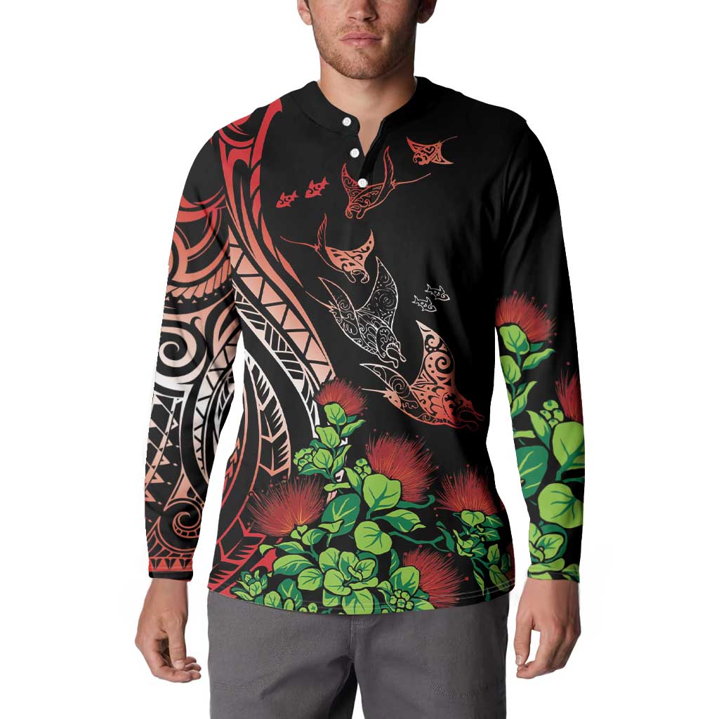Aloha Hawaii Manta Rays Button Sweatshirt Red Ohia Lehua