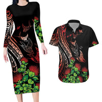 Aloha Hawaii Manta Rays Couples Matching Long Sleeve Bodycon Dress and Hawaiian Shirt Red Ohia Lehua