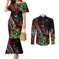 Aloha Hawaii Manta Rays Couples Matching Mermaid Dress and Long Sleeve Button Shirt Red Ohia Lehua