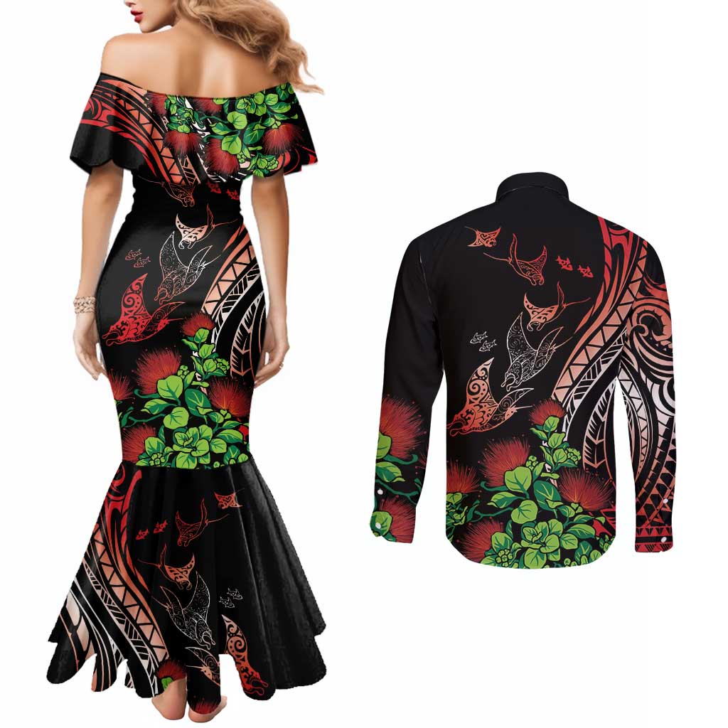 Aloha Hawaii Manta Rays Couples Matching Mermaid Dress and Long Sleeve Button Shirt Red Ohia Lehua