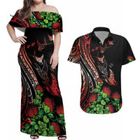 Aloha Hawaii Manta Rays Couples Matching Off Shoulder Maxi Dress and Hawaiian Shirt Red Ohia Lehua