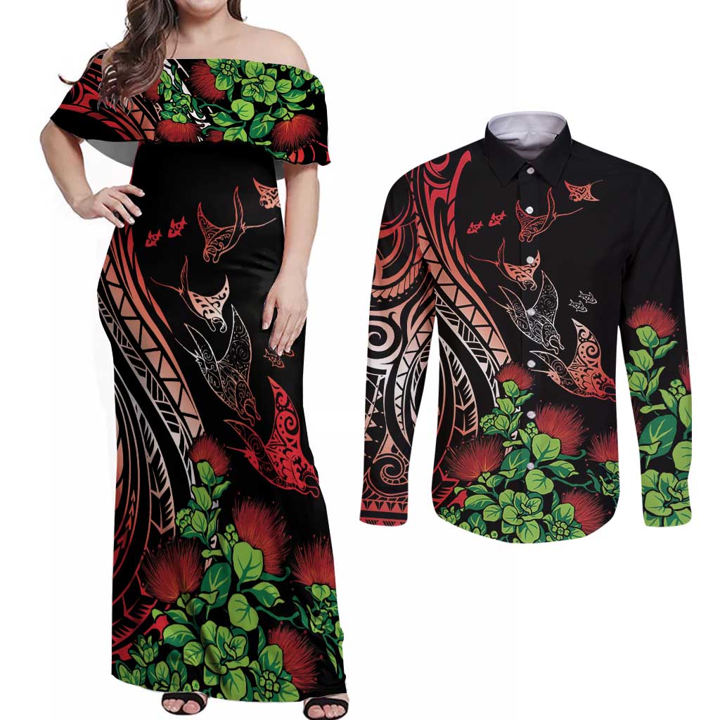 Aloha Hawaii Manta Rays Couples Matching Off Shoulder Maxi Dress and Long Sleeve Button Shirt Red Ohia Lehua LT7 Red - Polynesian Pride