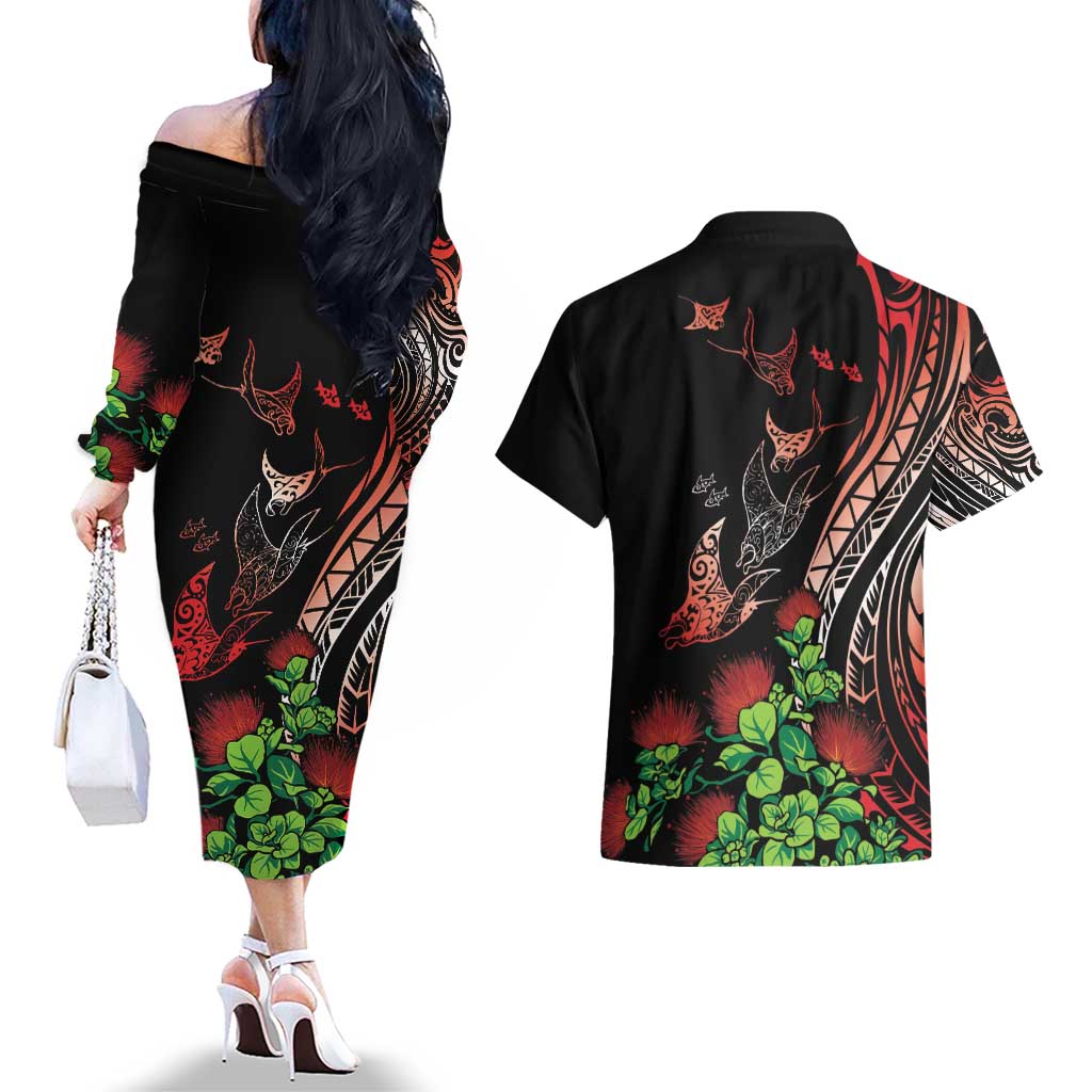 Aloha Hawaii Manta Rays Couples Matching Off The Shoulder Long Sleeve Dress and Hawaiian Shirt Red Ohia Lehua