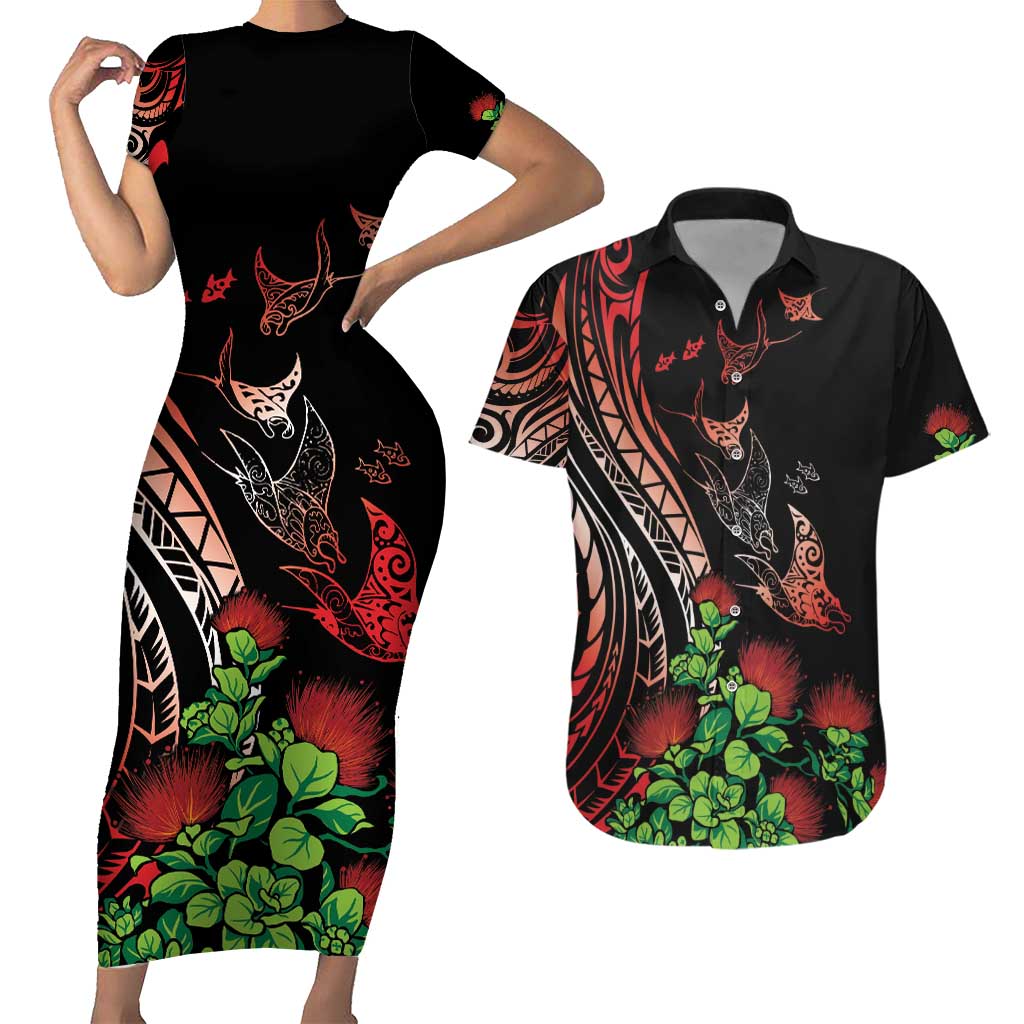 Aloha Hawaii Manta Rays Couples Matching Short Sleeve Bodycon Dress and Hawaiian Shirt Red Ohia Lehua