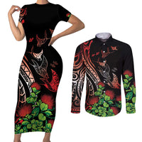 Aloha Hawaii Manta Rays Couples Matching Short Sleeve Bodycon Dress and Long Sleeve Button Shirt Red Ohia Lehua