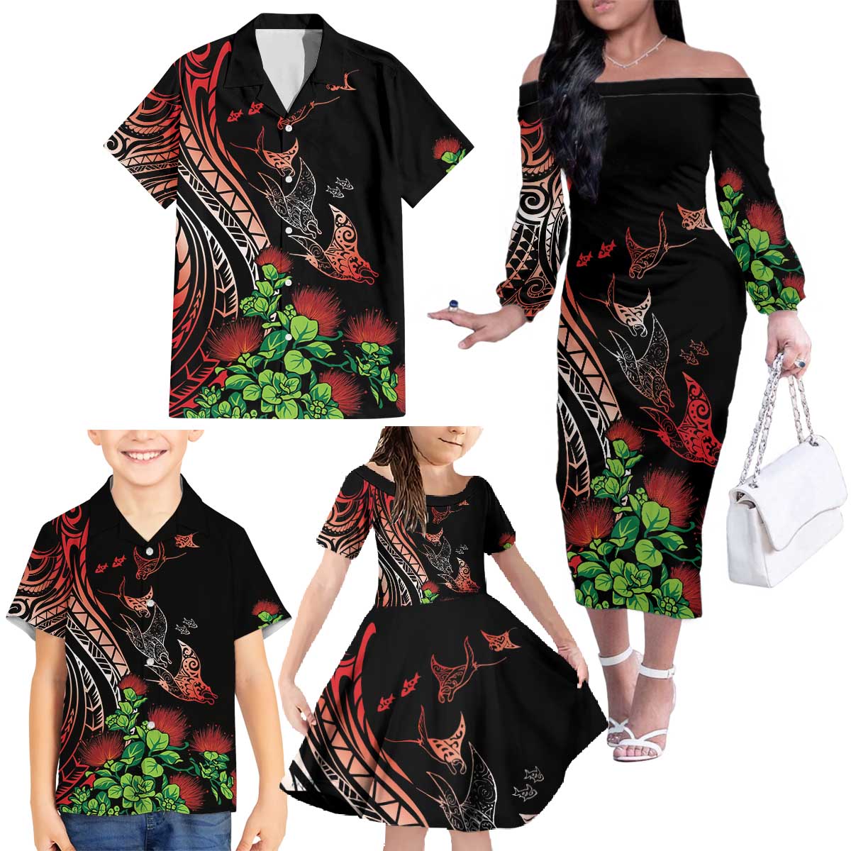 Aloha Hawaii Manta Rays Family Matching Off The Shoulder Long Sleeve Dress and Hawaiian Shirt Red Ohia Lehua