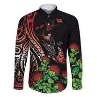 Aloha Hawaii Manta Rays Family Matching Off The Shoulder Long Sleeve Dress and Hawaiian Shirt Red Ohia Lehua
