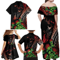 Aloha Hawaii Manta Rays Family Matching Off Shoulder Maxi Dress and Hawaiian Shirt Red Ohia Lehua