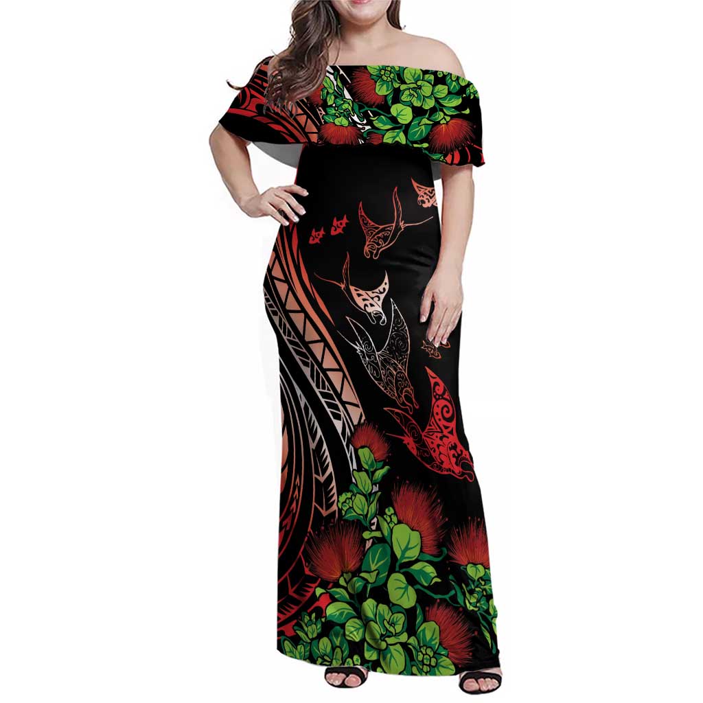 Aloha Hawaii Manta Rays Family Matching Off Shoulder Maxi Dress and Hawaiian Shirt Red Ohia Lehua