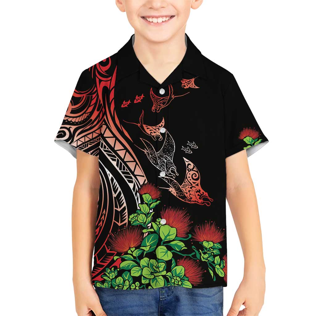 Aloha Hawaii Manta Rays Family Matching Off Shoulder Maxi Dress and Hawaiian Shirt Red Ohia Lehua