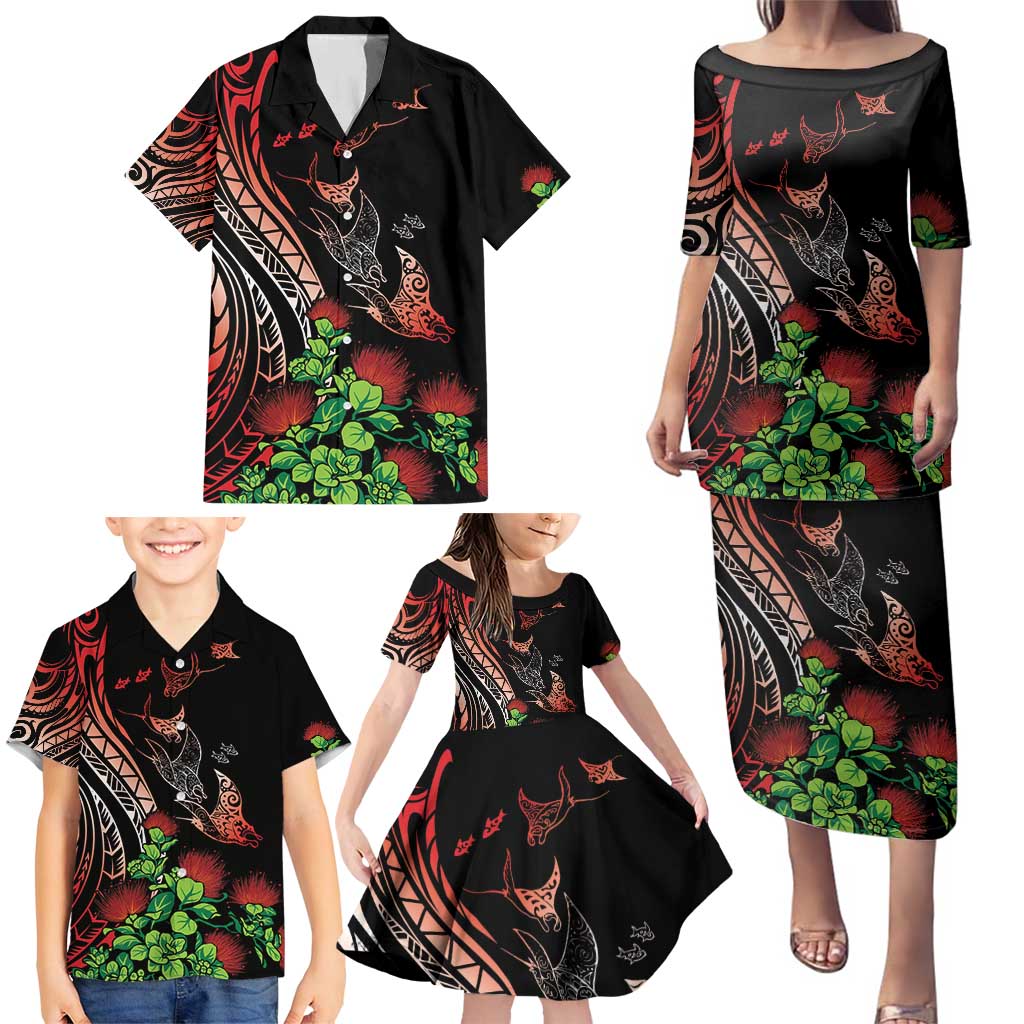 Aloha Hawaii Manta Rays Family Matching Puletasi and Hawaiian Shirt Red Ohia Lehua