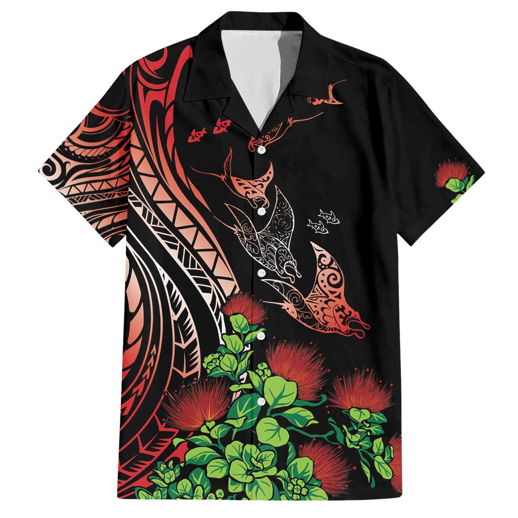Aloha Hawaii Manta Rays Family Matching Short Sleeve Bodycon Dress and Hawaiian Shirt Red Ohia Lehua