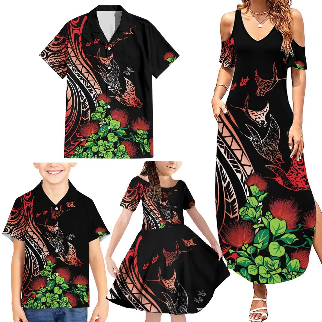 Aloha Hawaii Manta Rays Family Matching Summer Maxi Dress and Hawaiian Shirt Red Ohia Lehua