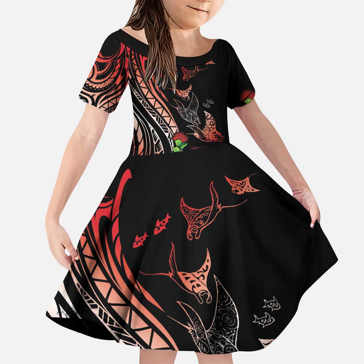 Aloha Hawaii Manta Rays Kid Short Sleeve Dress Red Ohia Lehua