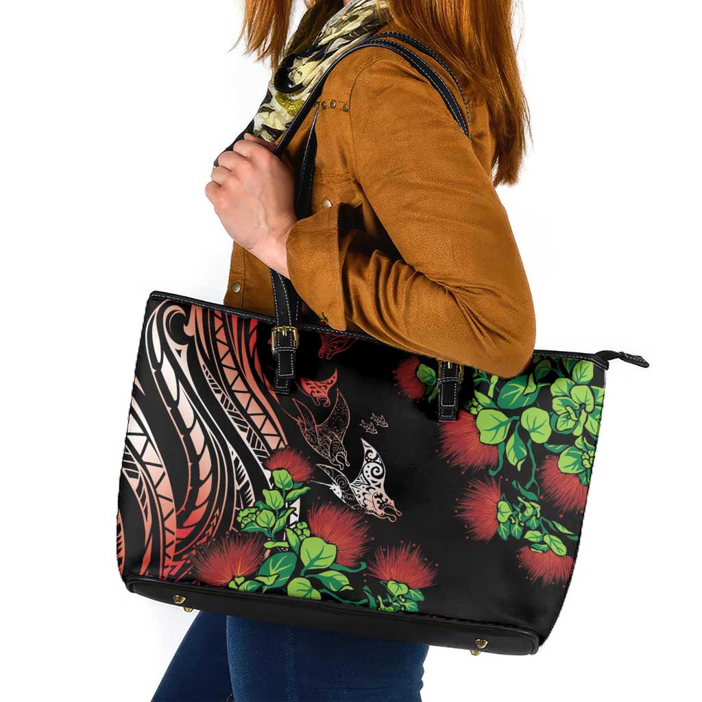 Aloha Hawaii Manta Rays Leather Tote Bag Red Ohia Lehua
