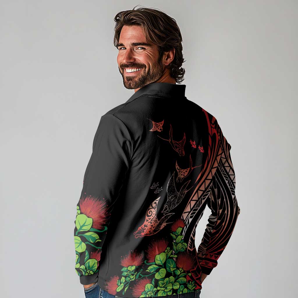 Aloha Hawaii Manta Rays Long Sleeve Polo Shirt Red Ohia Lehua
