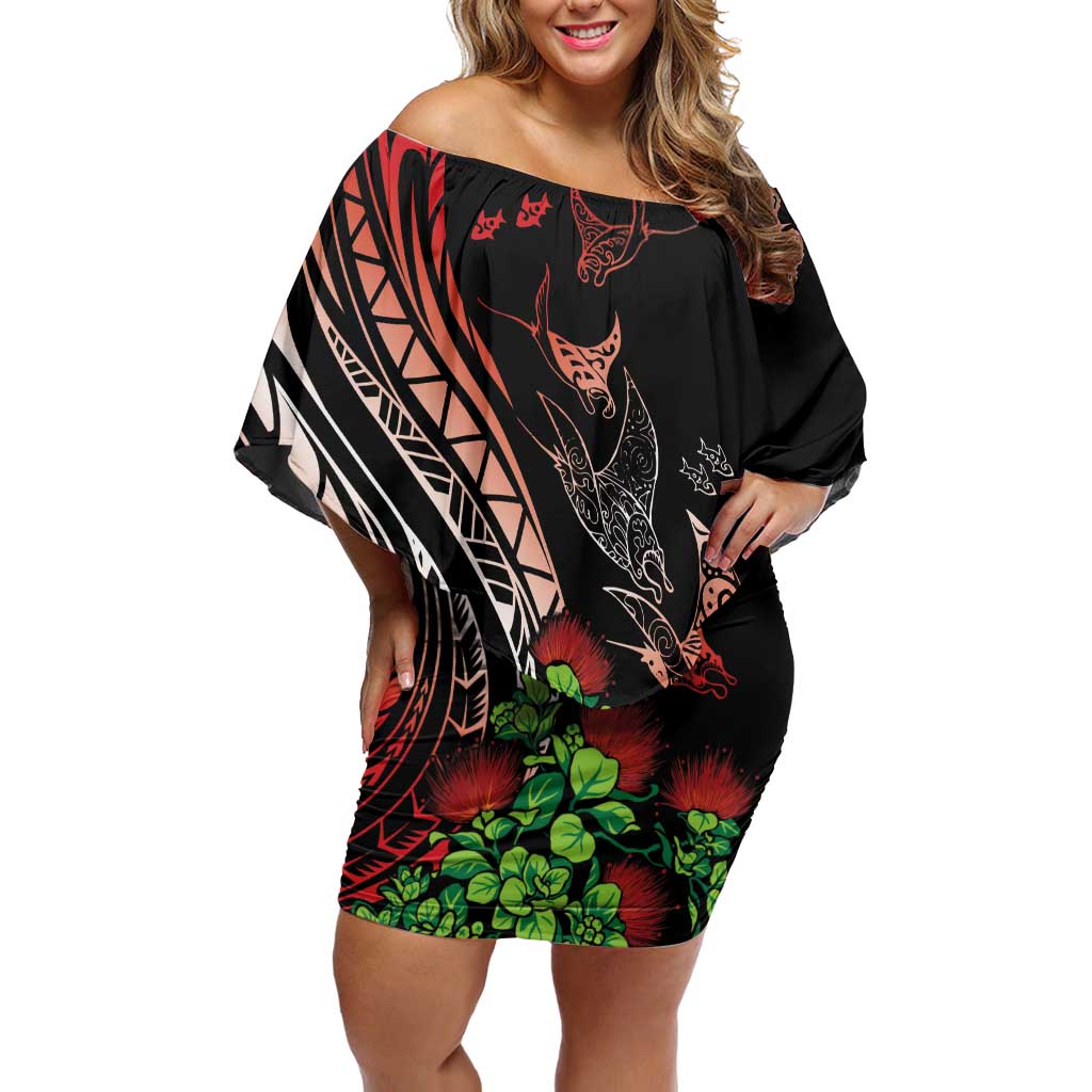 Aloha Hawaii Manta Rays Off Shoulder Short Dress Red Ohia Lehua