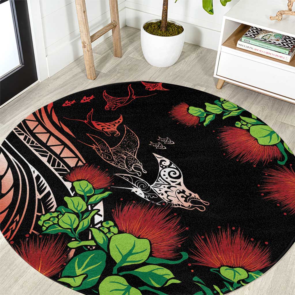 Aloha Hawaii Manta Rays Round Carpet Red Ohia Lehua LT7 Red - Polynesian Pride