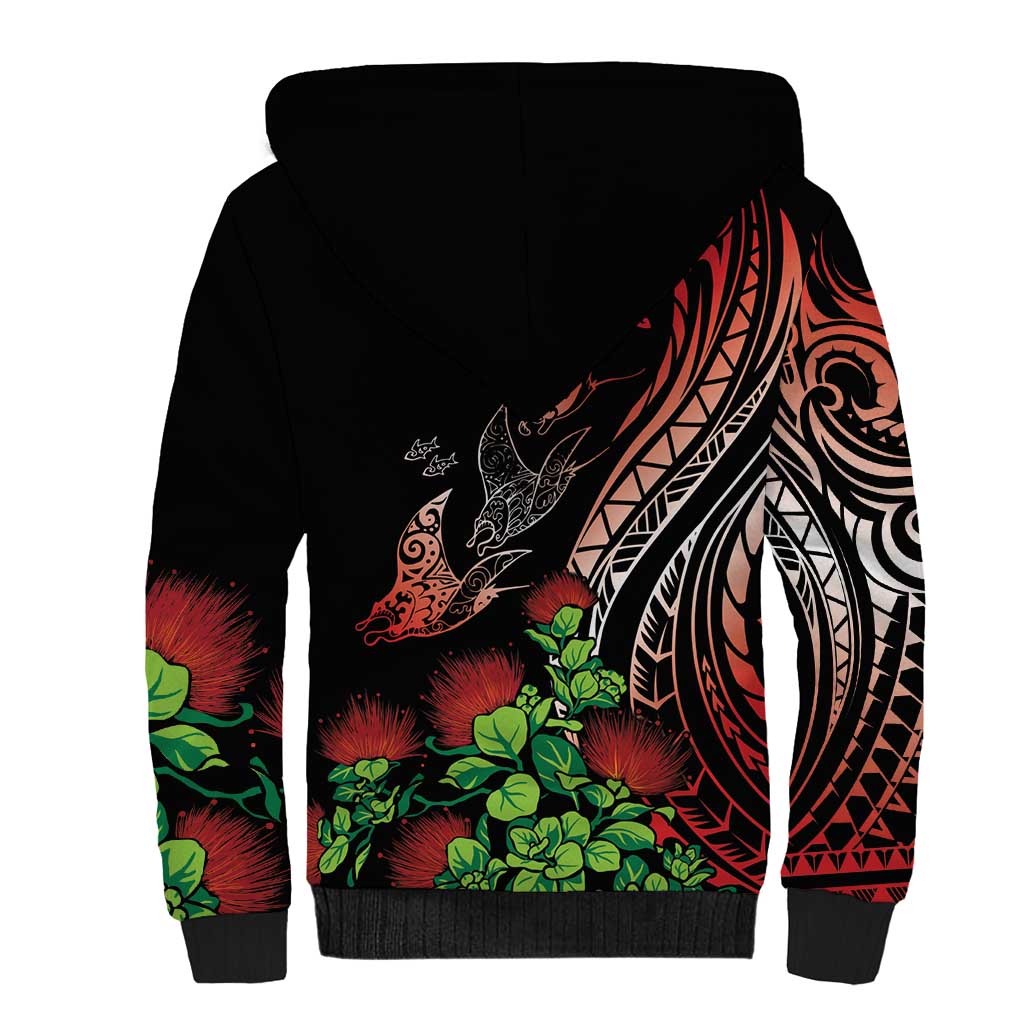Aloha Hawaii Manta Rays Sherpa Hoodie Red Ohia Lehua