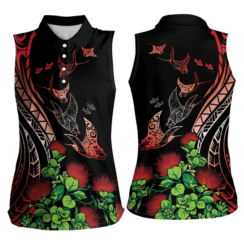 Aloha Hawaii Manta Rays Women Sleeveless Polo Shirt Red Ohia Lehua