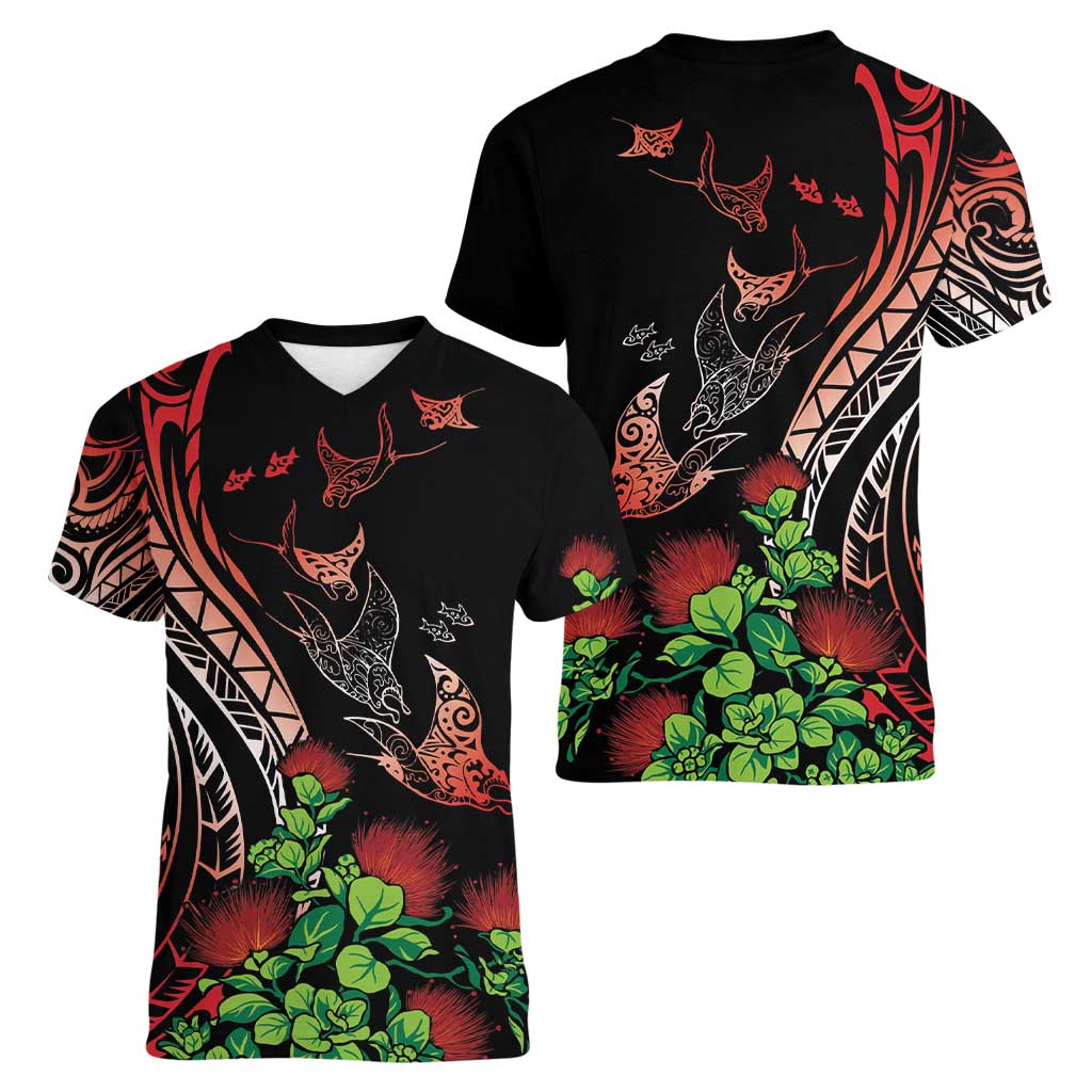Aloha Hawaii Manta Rays Women V-Neck T-Shirt Red Ohia Lehua
