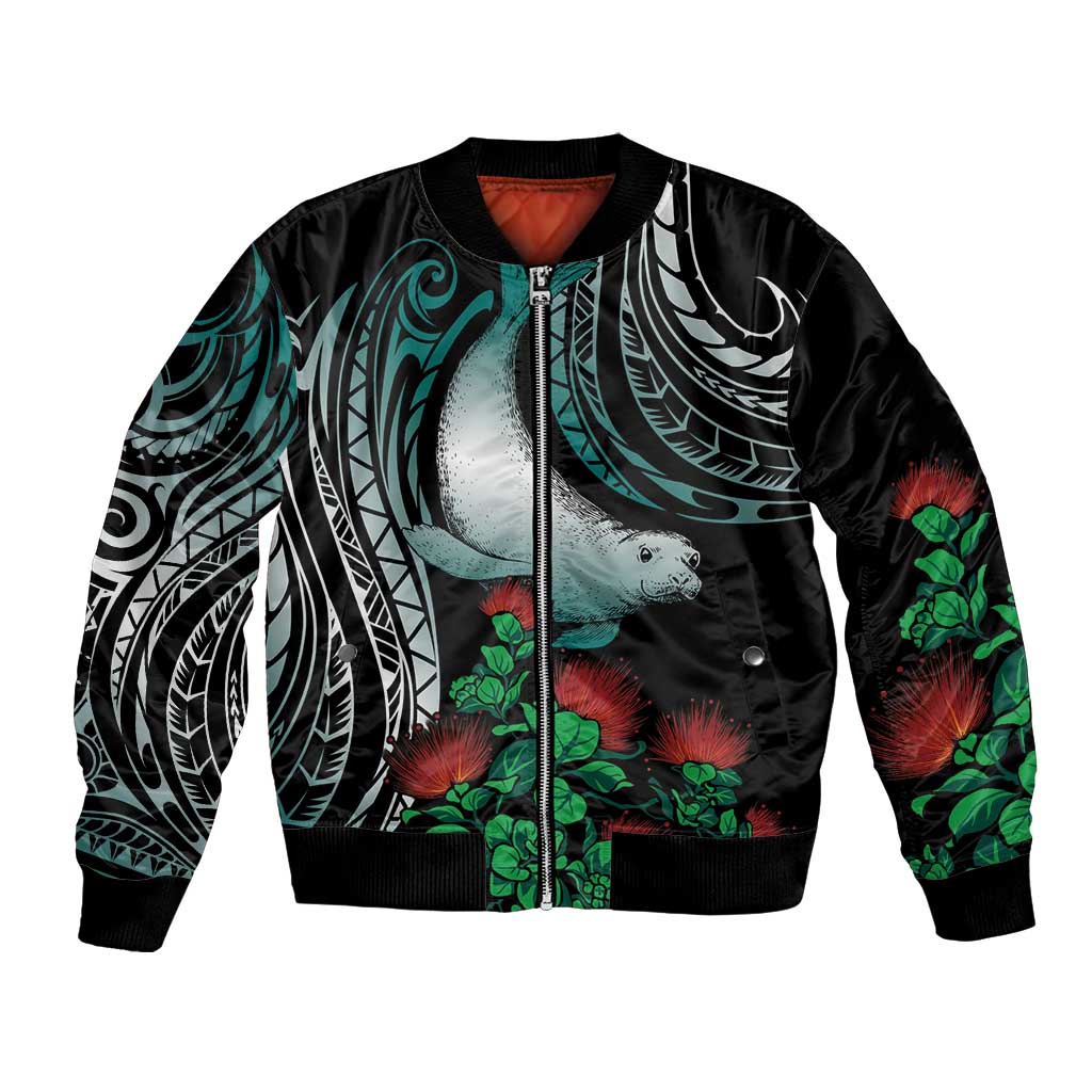 Aloha Hawaii Monk Seal Bomber Jacket Mix Ohia Lehua LT7 Unisex Teal - Polynesian Pride