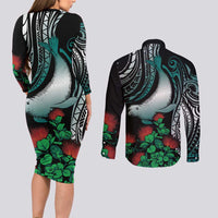 Aloha Hawaii Monk Seal Couples Matching Long Sleeve Bodycon Dress and Long Sleeve Button Shirt Mix Ohia Lehua
