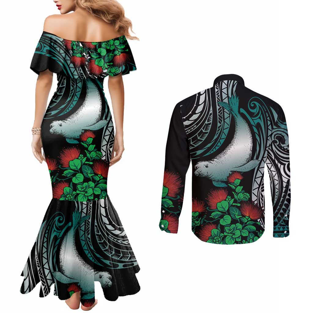 Aloha Hawaii Monk Seal Couples Matching Mermaid Dress and Long Sleeve Button Shirt Mix Ohia Lehua