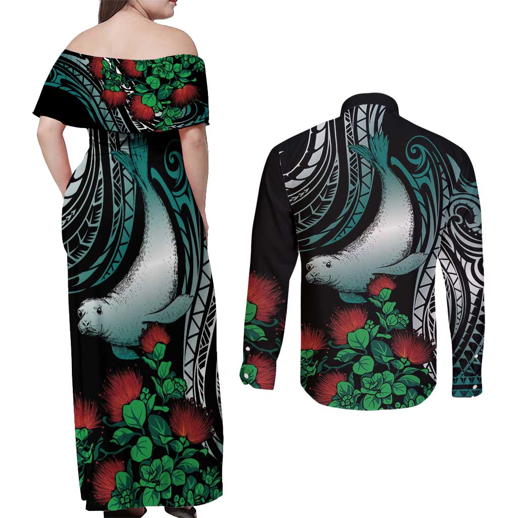 Aloha Hawaii Monk Seal Couples Matching Off Shoulder Maxi Dress and Long Sleeve Button Shirt Mix Ohia Lehua