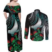 Aloha Hawaii Monk Seal Couples Matching Off Shoulder Maxi Dress and Long Sleeve Button Shirt Mix Ohia Lehua