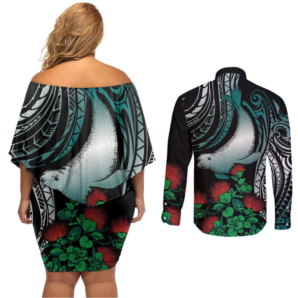 Aloha Hawaii Monk Seal Couples Matching Off Shoulder Short Dress and Long Sleeve Button Shirt Mix Ohia Lehua