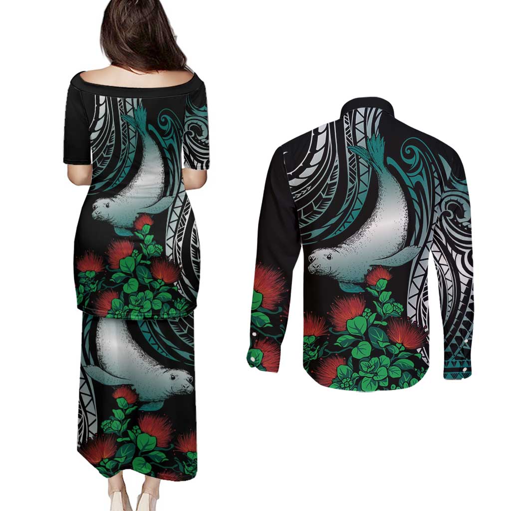 Aloha Hawaii Monk Seal Couples Matching Puletasi and Long Sleeve Button Shirt Mix Ohia Lehua
