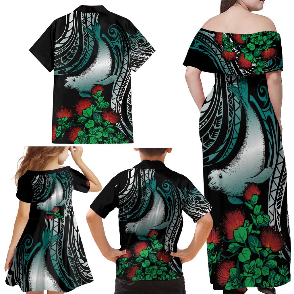 Aloha Hawaii Monk Seal Family Matching Off Shoulder Maxi Dress and Hawaiian Shirt Mix Ohia Lehua