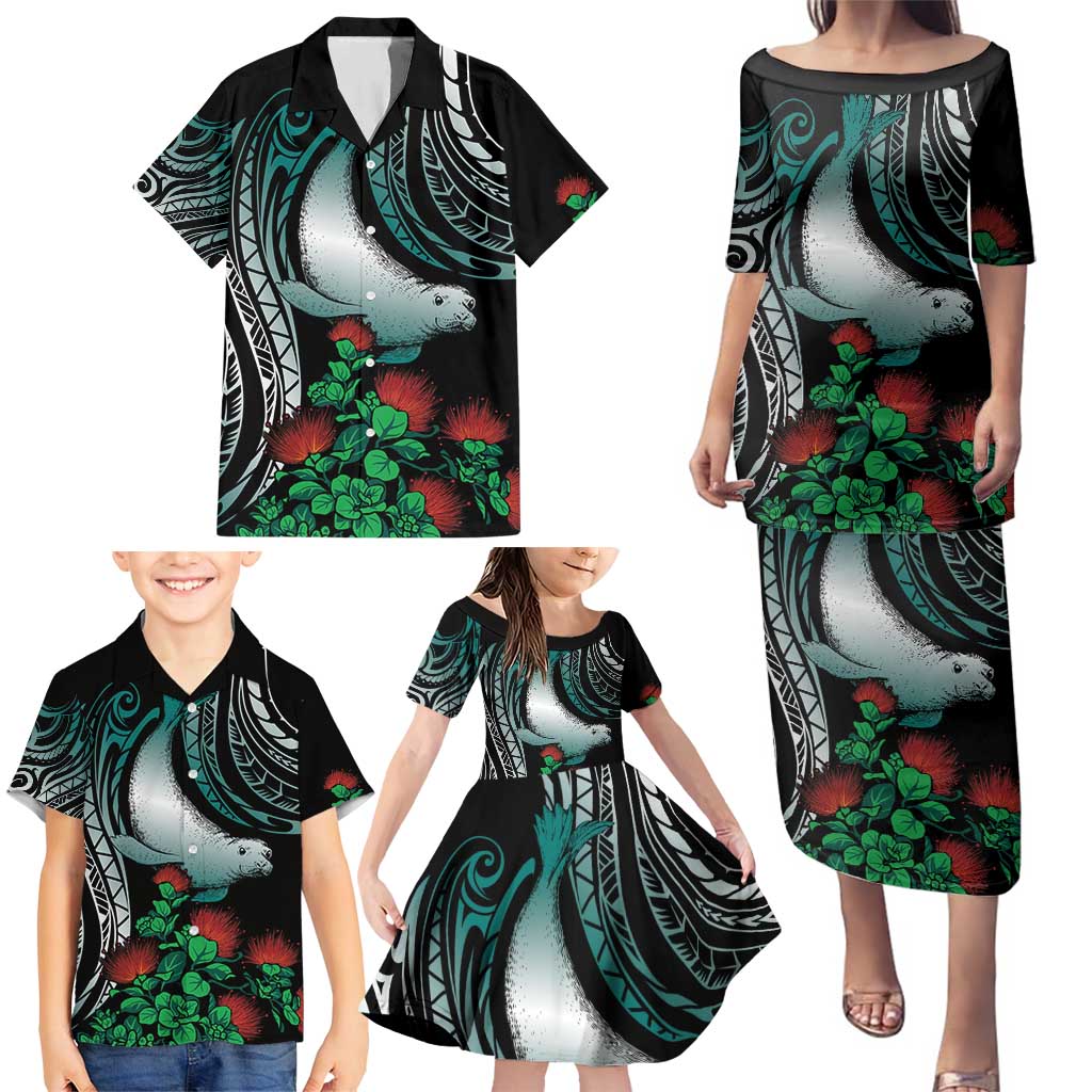Aloha Hawaii Monk Seal Family Matching Puletasi and Hawaiian Shirt Mix Ohia Lehua