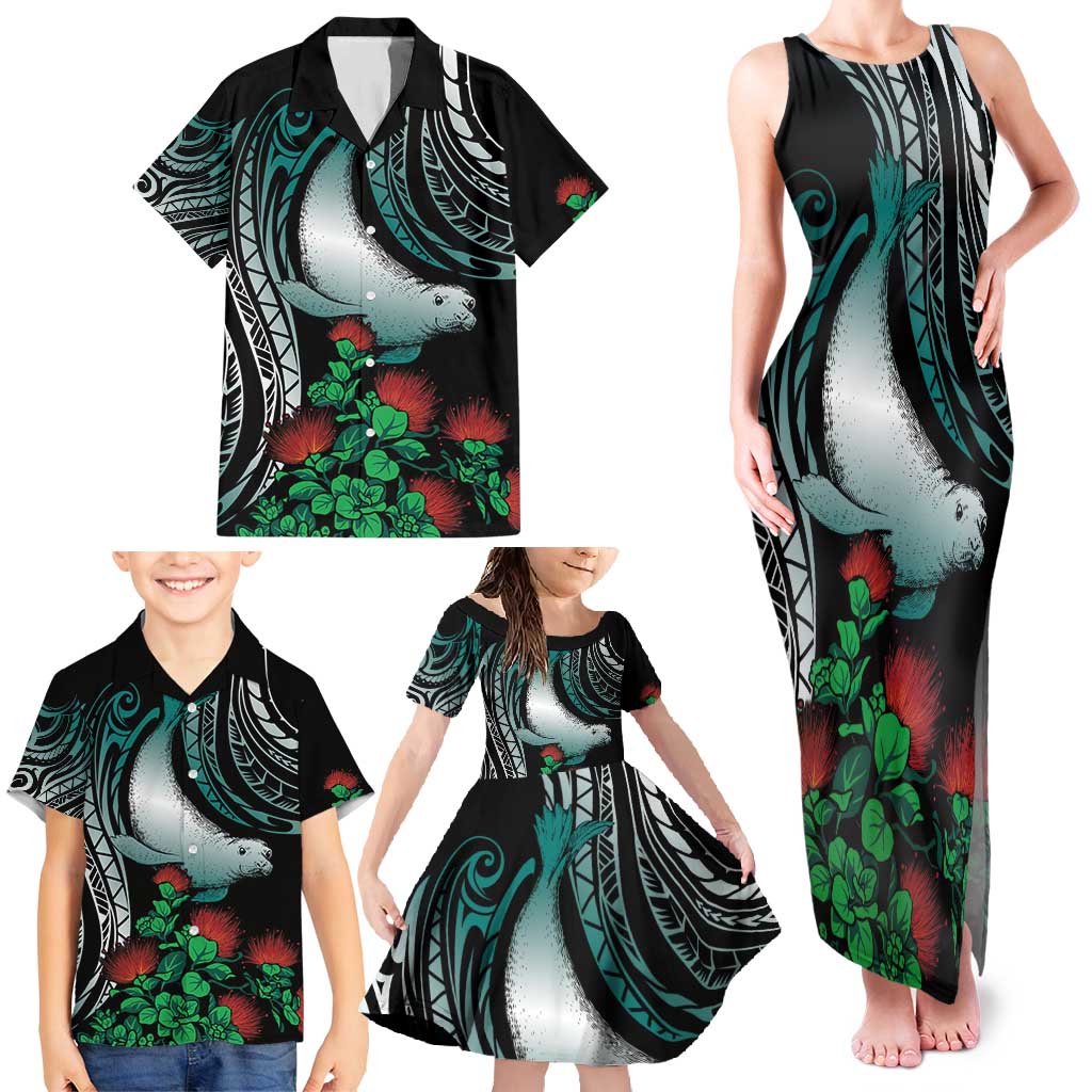 Aloha Hawaii Monk Seal Family Matching Tank Maxi Dress and Hawaiian Shirt Mix Ohia Lehua